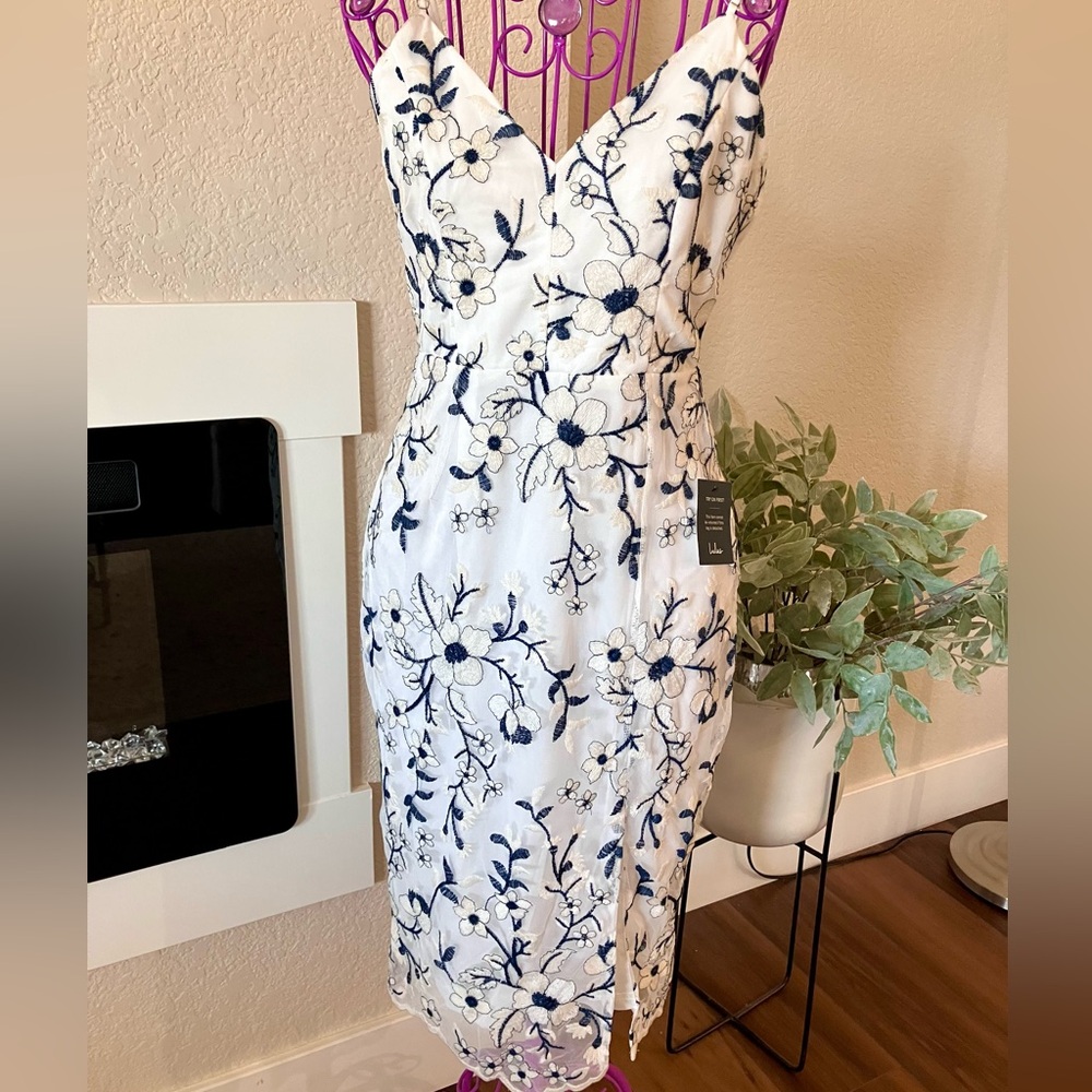 Lulu's Embroidered White and Black Floral Midi Dress